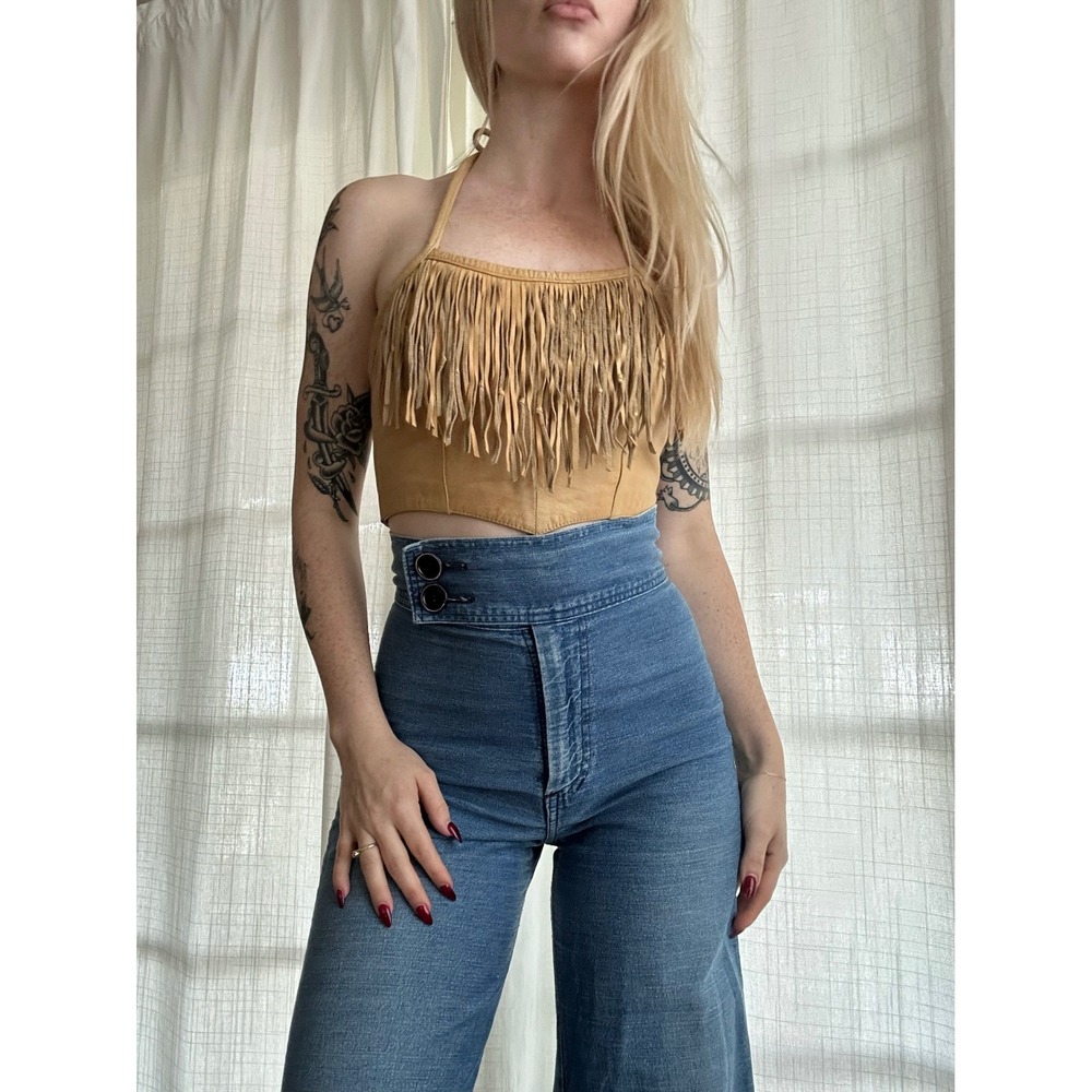 Vintage 90s does 70s leather fringe halter top boho hippie Wilson's